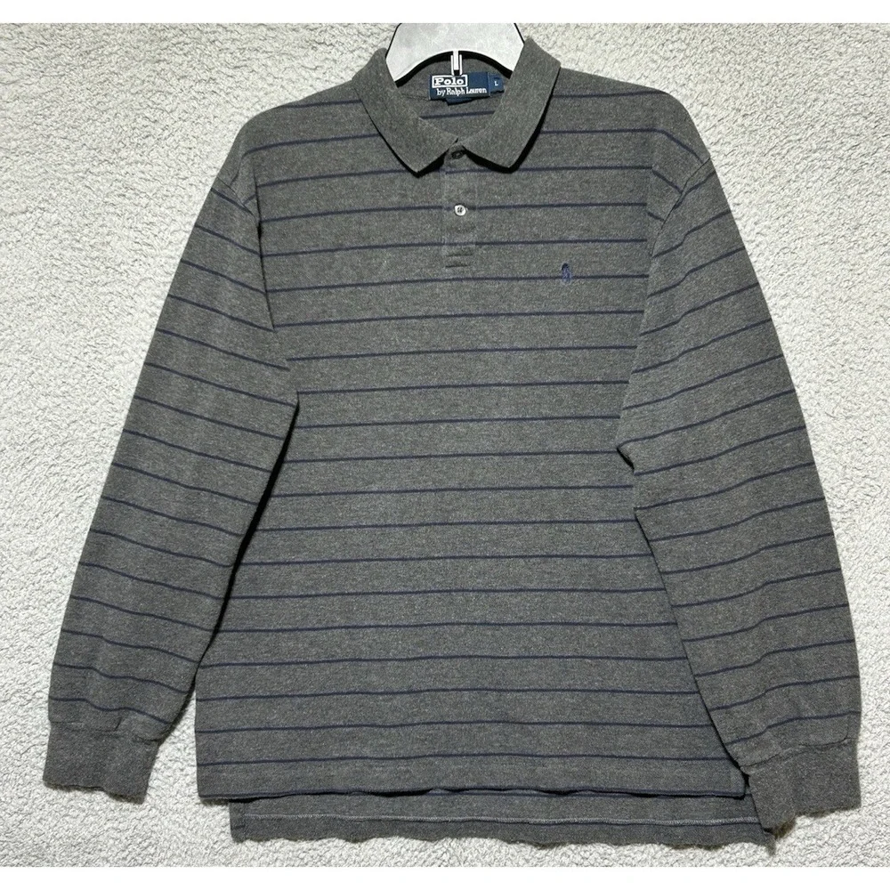 Vintage Polo Ralph Lauren Mens L Gray Striped Long Sleeve Polo Shirt